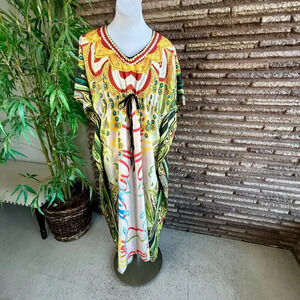 Tamsy Colorful Graphic Print Caftan Beach Cover up Drawstring Front  One Size